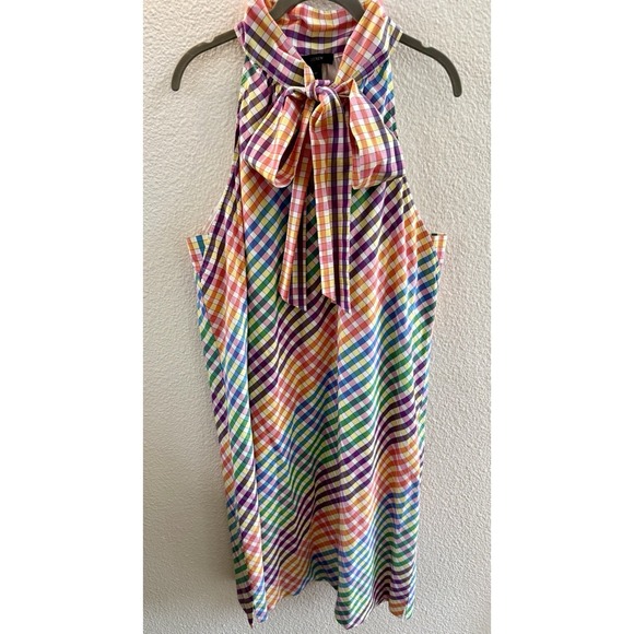 J.Crew Rainbow Plaid Halter Dress Size 16T Shift Bow Tie Neck Gingham Easter - Picture 2 of 9